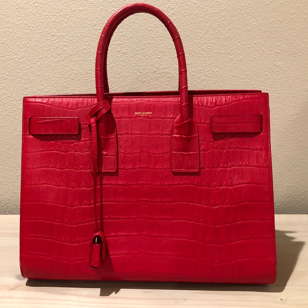 Red Saint Laurent Sac De Jour Embossed Croc Large